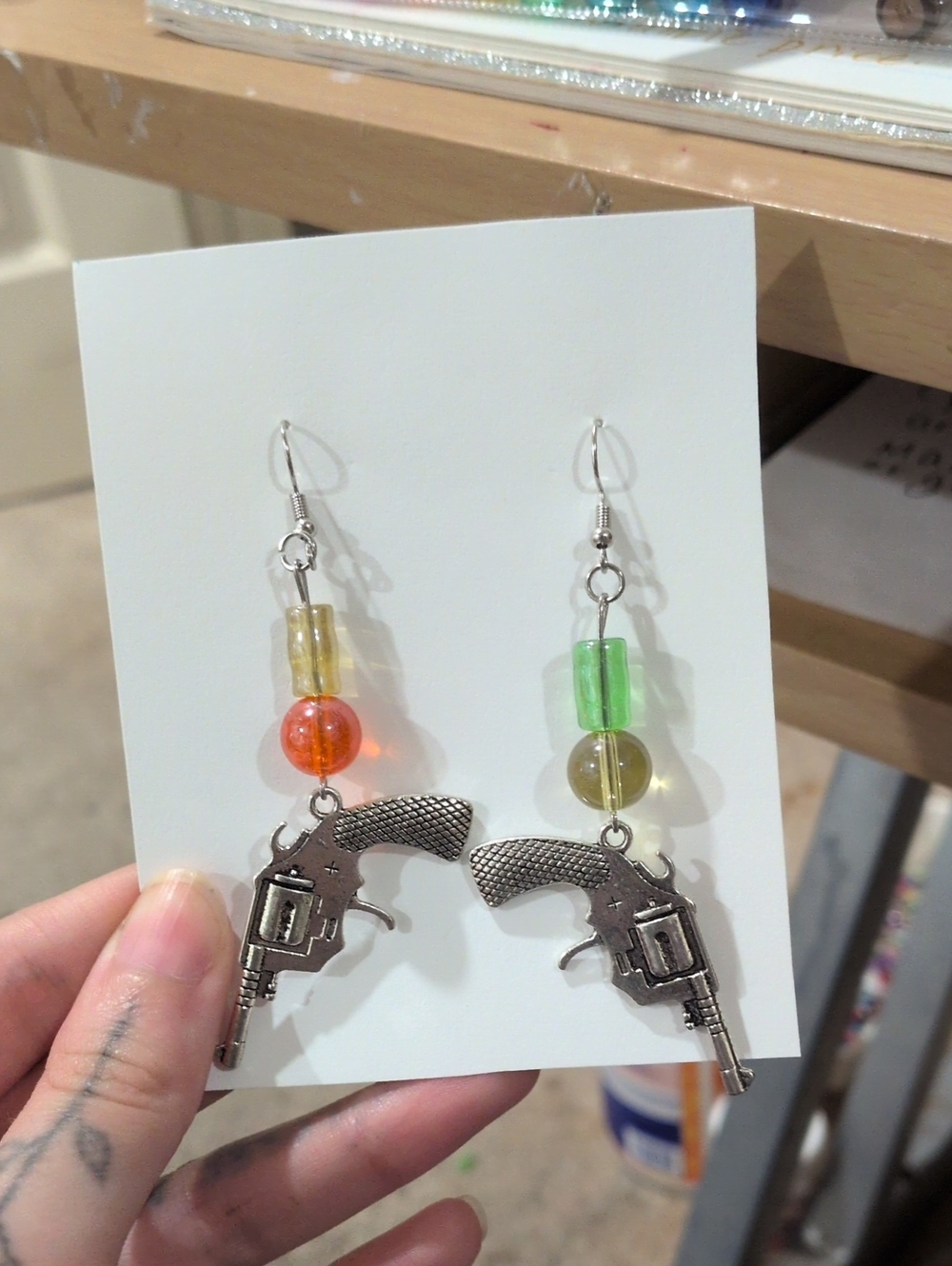 Brass Multicolor Glass Gun Earrings